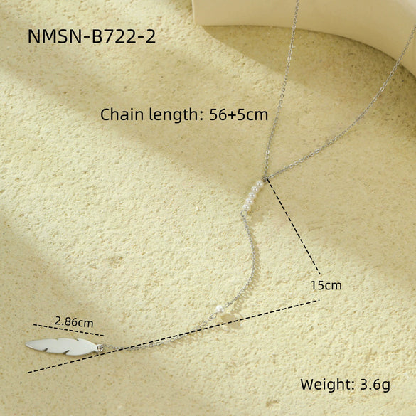 Women's Stainless Steel Fashionable Long Sweater Chain Necklace With Leaf Pearl Pendant And Electroplating Treatment