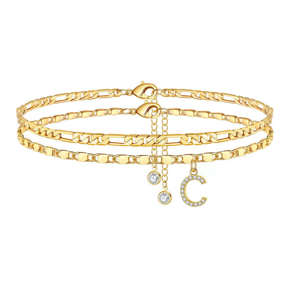 Women's Stainless Steel Figaro Chain Anklet With Zircon Letter Charms Gold Plated Inlaid Artificial Gemstones Layered Fashion Foot Jewelry