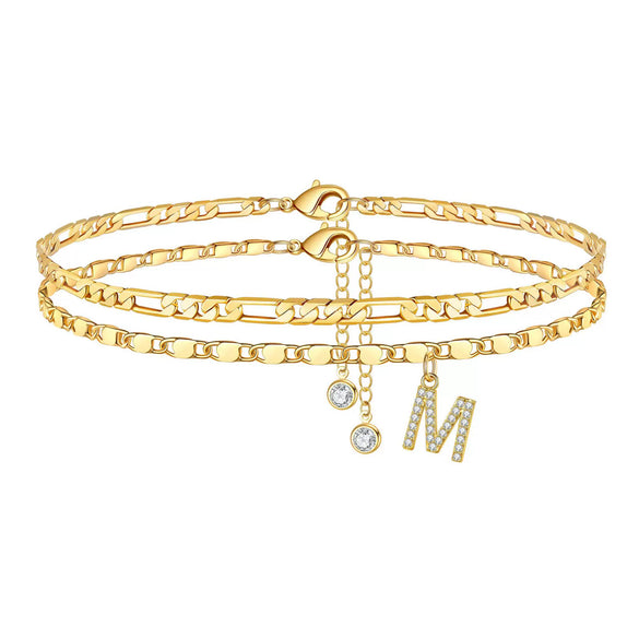 Women's Stainless Steel Figaro Chain Anklet With Zircon Letter Charms Gold Plated Inlaid Artificial Gemstones Layered Fashion Foot Jewelry