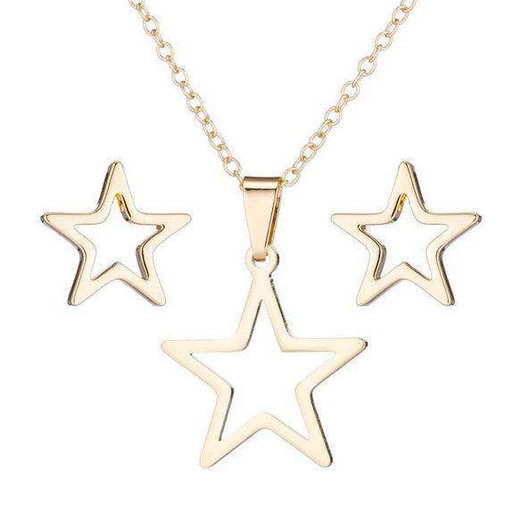Women's Stainless Steel Fivepointed Star Necklace And Earrings Set With Hollow Geometric Pendants And Electroplated Finish