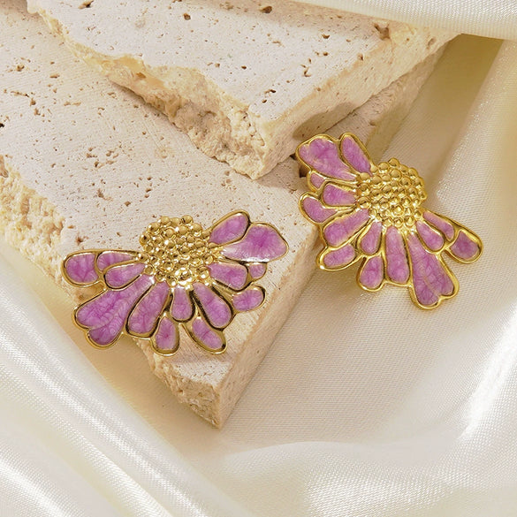 Women's Stainless Steel Floral Earrings With Enamel Oil Drip Finish Sweet Textured Flower Design Electroplated Fashion Jewelry