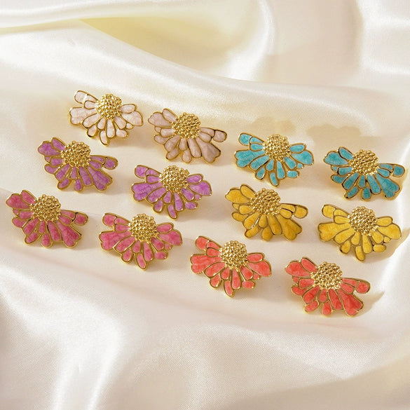 Women's Stainless Steel Floral Earrings With Enamel Oil Drip Finish Sweet Textured Flower Design Electroplated Fashion Jewelry