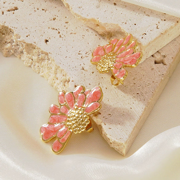 Women's Stainless Steel Floral Earrings With Enamel Oil Drip Finish Sweet Textured Flower Design Electroplated Fashion Jewelry