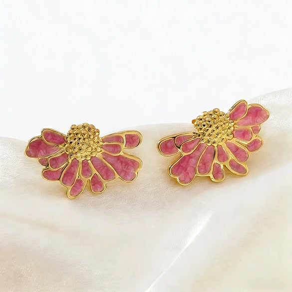 Women's Stainless Steel Floral Earrings With Enamel Oil Drip Finish Sweet Textured Flower Design Electroplated Fashion Jewelry