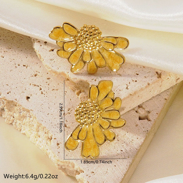 Women's Stainless Steel Floral Earrings With Enamel Oil Drip Finish Sweet Textured Flower Design Electroplated Fashion Jewelry