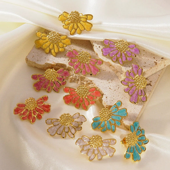 Women's Stainless Steel Floral Earrings With Enamel Oil Drip Finish Sweet Textured Flower Design Electroplated Fashion Jewelry
