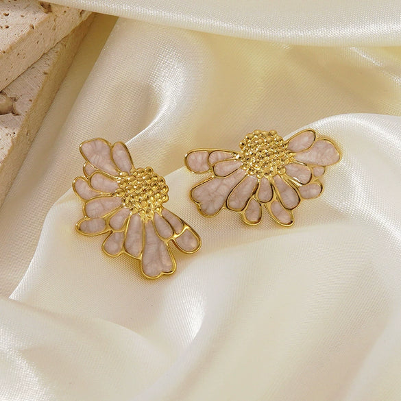Women's Stainless Steel Floral Earrings With Enamel Oil Drip Finish Sweet Textured Flower Design Electroplated Fashion Jewelry