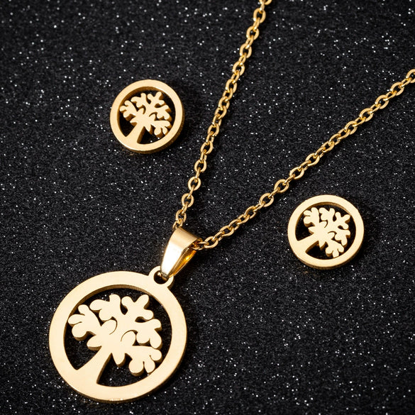 Women's Stainless Steel Floral Plant Motif Necklace And Earrings Jewelry Set With Electroplated Finish