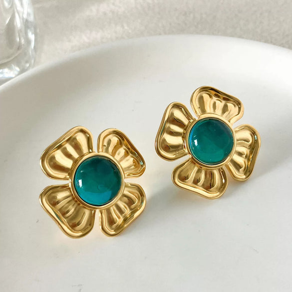 Women's Stainless Steel Flower Earrings With Retro Highend Sense Emerald Oil Painting Sense Electroplating Treatment