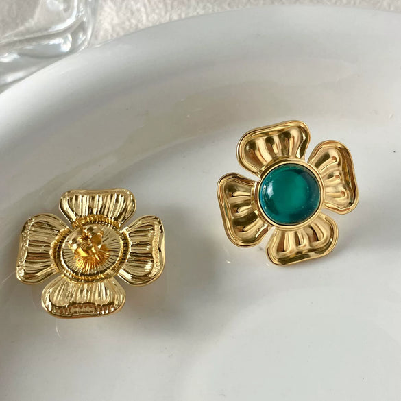 Women's Stainless Steel Flower Earrings With Retro Highend Sense Emerald Oil Painting Sense Electroplating Treatment