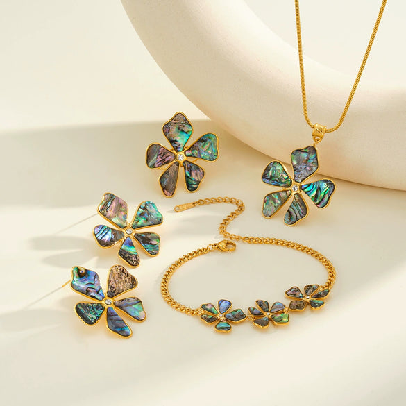 Women's Stainless Steel Flower Jewelry Set With Rhinestones Shell Pendant Necklace Bracelet Earrings And Ring 18K Vacuum Plated