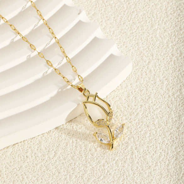 Women's Stainless Steel Flower Pendant Necklace With Mixed Gemstone Setting And Electroplating In Simple Geometric Style