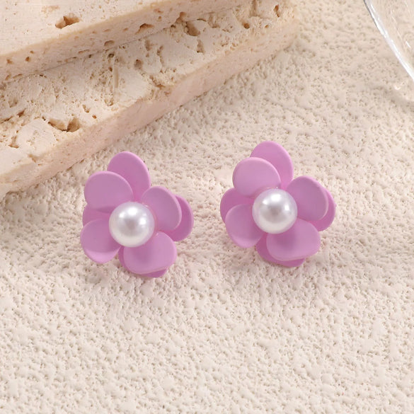 Women's Stainless Steel Flower Stud Earrings With Pearl Accents Simple Elegant And Versatile Floral Jewelry