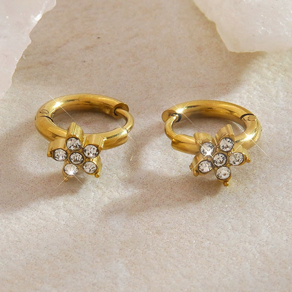 Women's Stainless Steel Flower Zircon Earrings With Micro Encrusted Diamond Look Electroplated Floral Stud Jewelry