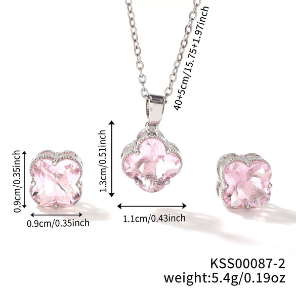 Women's Stainless Steel Four Leaf Clover Jewelry Set With Multicolor Micro Inlaid Rhinestone Earrings And Necklace Floral Plant Design