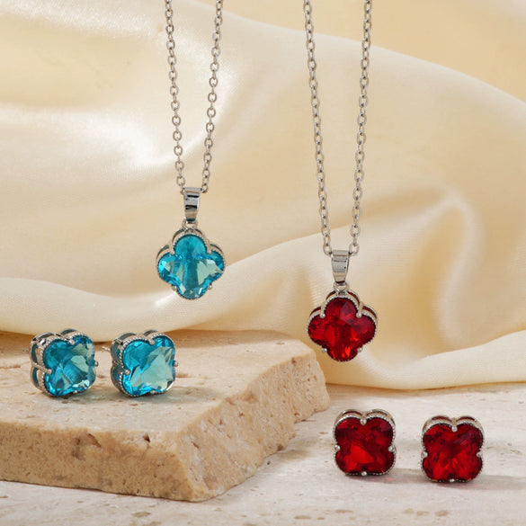 Women's Stainless Steel Four Leaf Clover Jewelry Set With Multicolor Micro Inlaid Rhinestone Earrings And Necklace Floral Plant Design