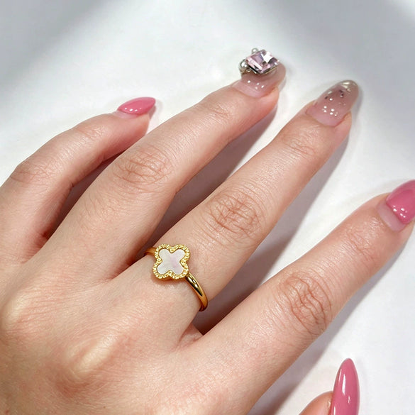 Women's Stainless Steel Four Leaf Clover Open Ring With Shell Inlay Geometric Line Design Adjustable Fashion Jewelry
