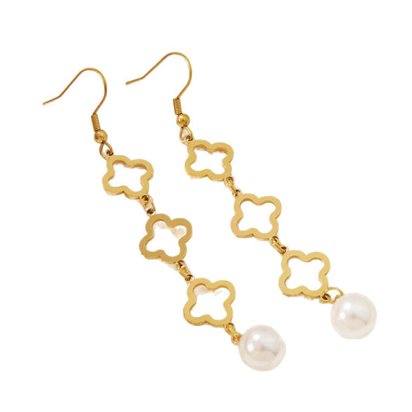 Women's Stainless Steel Four Leaf Clover Pearl Pendant Earrings Electroplated With 18K Gold Floral Street Style Fashion Earrings