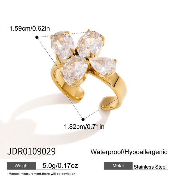 Women's Stainless Steel Four Leaf Clover Zirconia Ring With Geometric Design And Pvd Vacuum Gold Plating