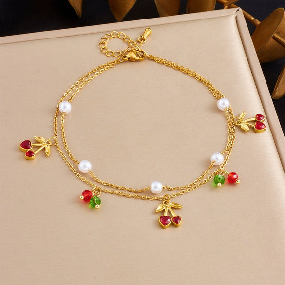 Women's Stainless Steel Fruit Shape Cherry Pendant Doublelayer Chain Anklet