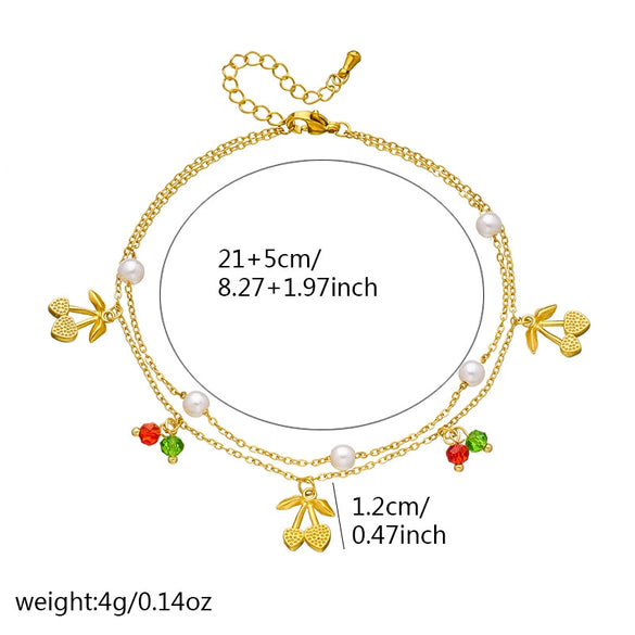 Women's Stainless Steel Fruit Shape Cherry Pendant Doublelayer Chain Anklet