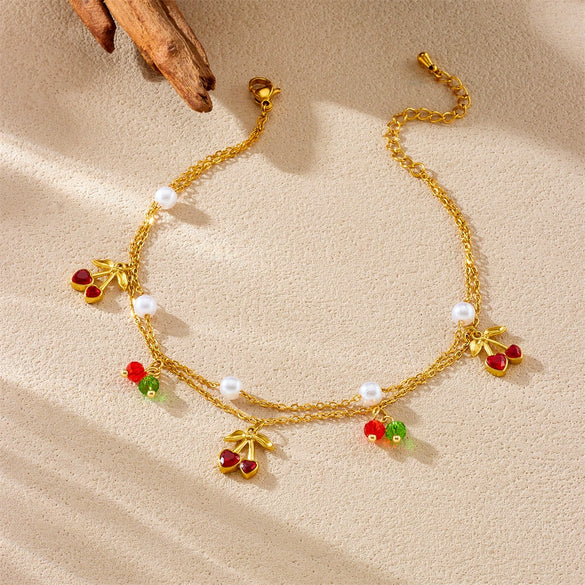Women's Stainless Steel Fruit Shape Cherry Pendant Doublelayer Chain Anklet