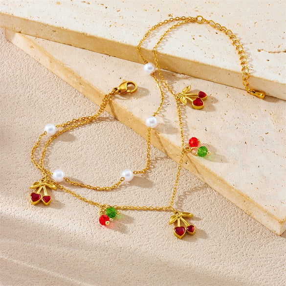 Women's Stainless Steel Fruit Shape Cherry Pendant Doublelayer Chain Anklet