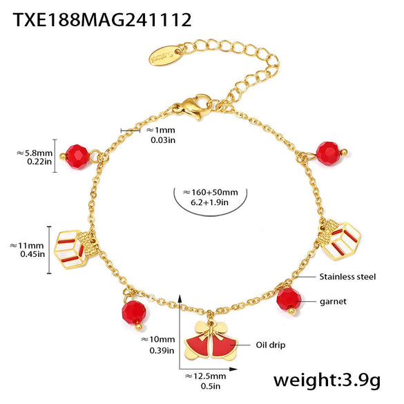 Women's Stainless Steel Garnet Enamel Geometric Pendant Jewelry Set With Necklace Bracelet And Earrings