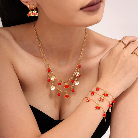 Women's Stainless Steel Garnet Enamel Geometric Pendant Jewelry Set With Necklace Bracelet And Earrings