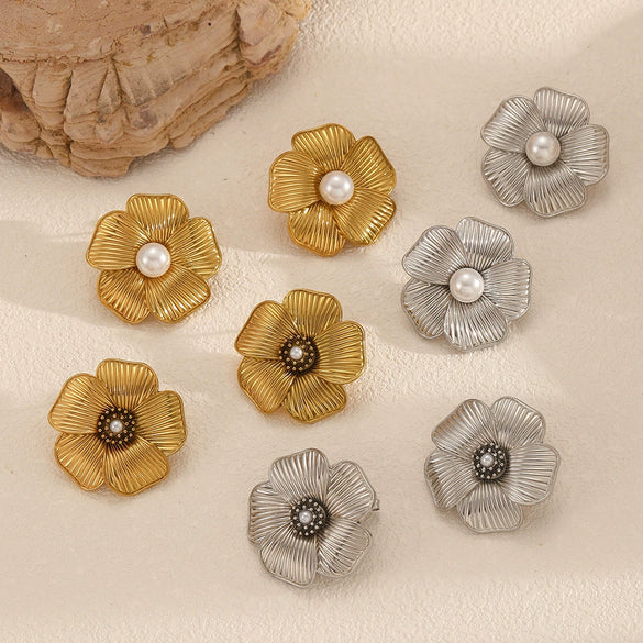 Women's Stainless Steel Geometric And Flower Style Earrings With Real Gold Plating