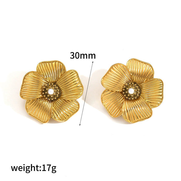 Women's Stainless Steel Geometric And Flower Style Earrings With Real Gold Plating