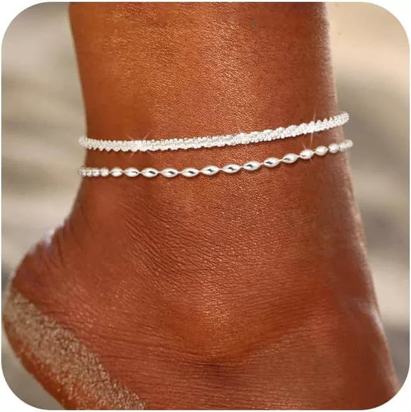Women's Stainless Steel Geometric Anklet Set Sparkling Fashion Beach Foot Jewelry Versatile Silver Tone Ankle Chain Accessories
