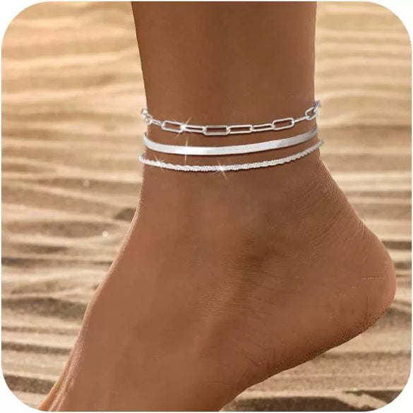 Women's Stainless Steel Geometric Anklet Set Sparkling Fashion Beach Foot Jewelry Versatile Silver Tone Ankle Chain Accessories