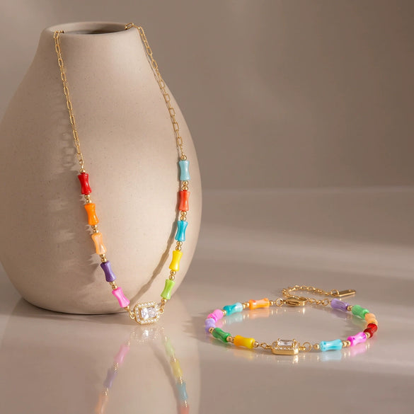 Women's Stainless Steel Geometric Bamboo Pattern Necklaces And Bracelets With Zircon And Imitation Shell Accents Vacuum Plated Finish