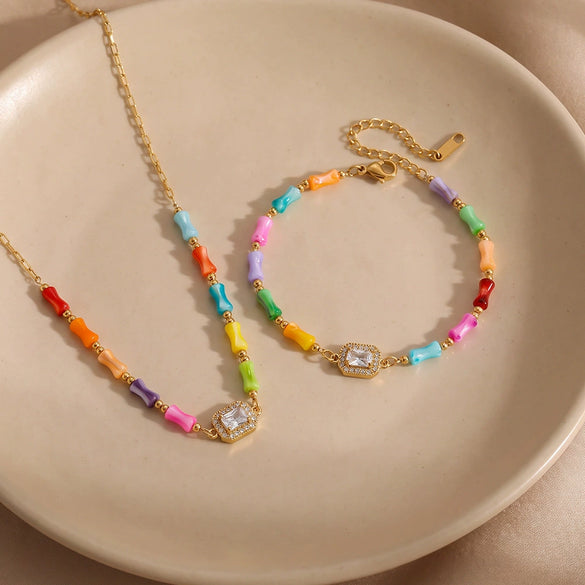 Women's Stainless Steel Geometric Bamboo Pattern Necklaces And Bracelets With Zircon And Imitation Shell Accents Vacuum Plated Finish