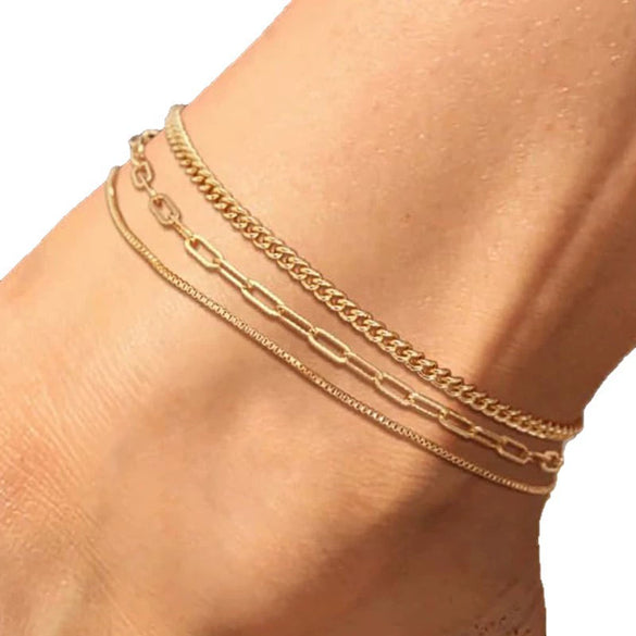 Women's Stainless Steel Geometric Beach Foot Jewelry Set Retro Multi Layered Anklet And Foot Chain Fashion Style Accessories