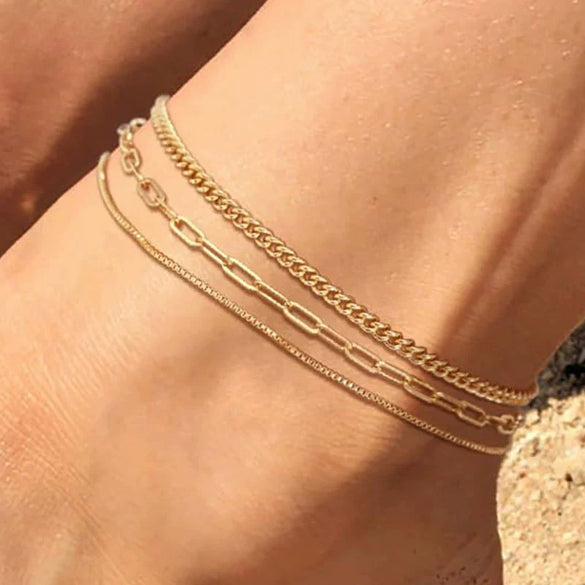 Women's Stainless Steel Geometric Beach Foot Jewelry Set Retro Multi Layered Anklet And Foot Chain Fashion Style Accessories