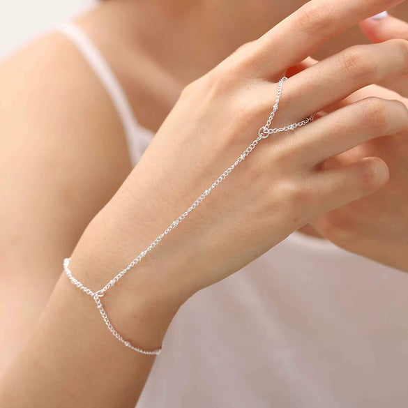 Women's Stainless Steel Geometric Bead Bracelet And Finger Chain Set With Electroplated Simple Fashion Jewelry