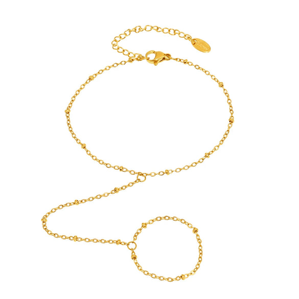 Women's Stainless Steel Geometric Beaded Finger Chain And Bracelet 18K Gold Plated Jewelry