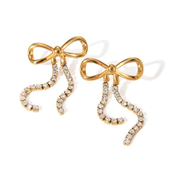 Women's Stainless Steel Geometric Bow Hanging Two Diamond Chain Earrings With Electroplating