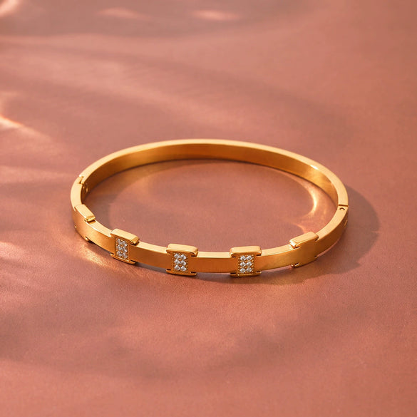 Women's Stainless Steel Geometric Bracelet With Rhinestone Accents And Goldtone Vacuum Electroplated Finish