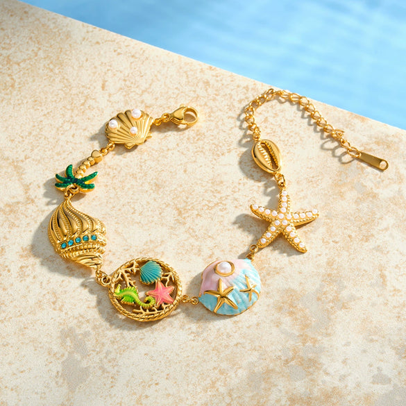 Women’s Stainless Steel Geometric Bracelet With Starfish Shell Pearl And Rhinestone Inlay 18K Vacuum Electroplated Fashion Accessory