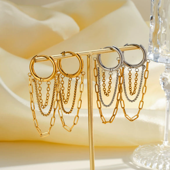 Women's Stainless Steel Geometric Chain Tassel Earrings With 18K Gold Vacuum Plating And Color Block Design