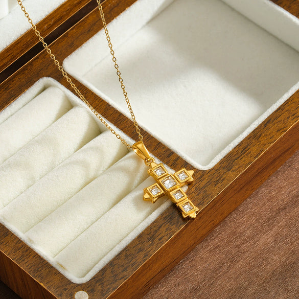 Women's Stainless Steel Geometric Cross Necklace With Zircon Design And 18K Gold Vacuum Plated Finish