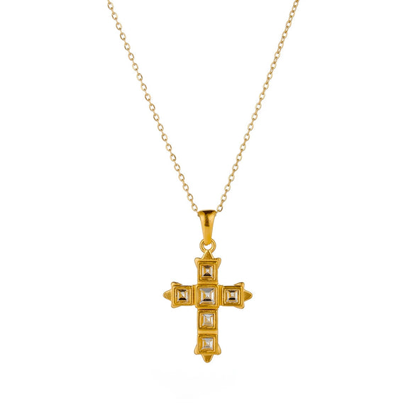 Women's Stainless Steel Geometric Cross Necklace With Zircon Design And 18K Gold Vacuum Plated Finish