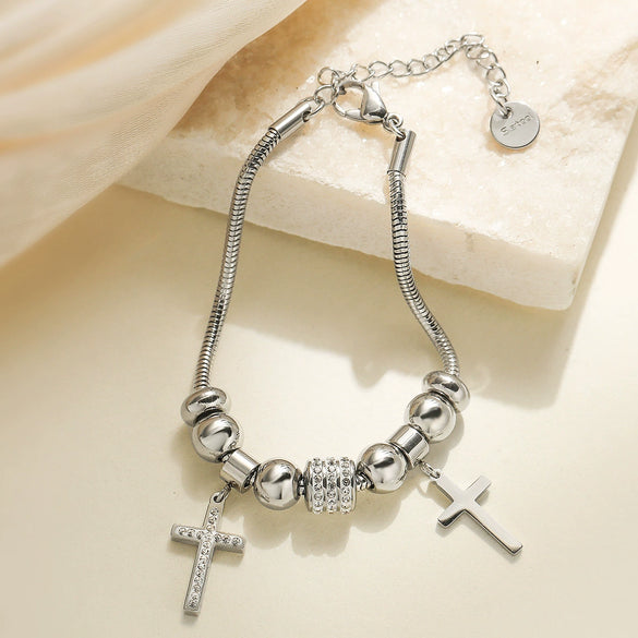 Women's Stainless Steel Geometric Cross Pendant Bracelet With 18K Gold Plated Electroplating And Zircon