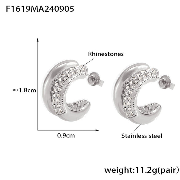 Women's 316L Stainless Steel Geometric Cshaped Diamond Earrings With 18K Real Gold Plating