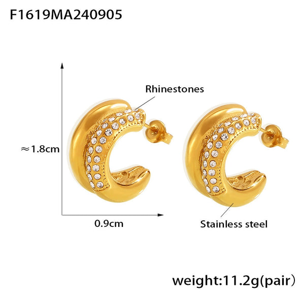 Women's 316L Stainless Steel Geometric Cshaped Diamond Earrings With 18K Real Gold Plating