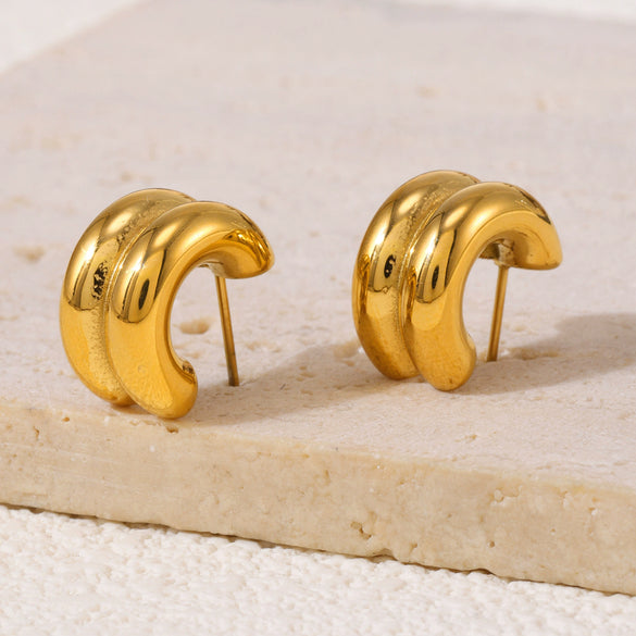 Women's 316L Stainless Steel Geometric Cshaped Diamond Earrings With 18K Real Gold Plating