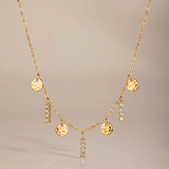 Women's Stainless Steel Geometric Disc Pendant Necklace With Rhinestone Tassel Detail And Electroplated Finish